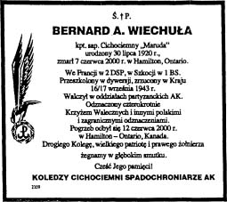 Nekrolog zamieszczony w „Dziennoku Polskim” z 13 czerwca 2000 r. w Kanadzie.
