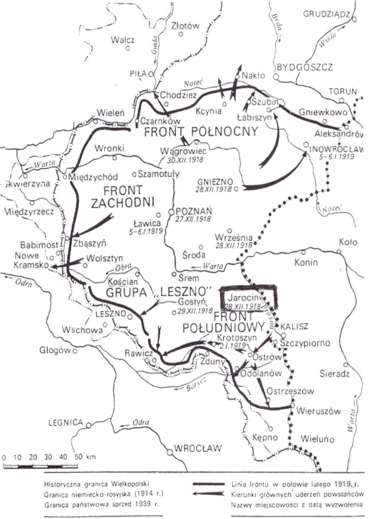 Mapa działań powstańców wielkopolskich 1918 - 1919 r. Widać, że zasięg pokrywał się z późniejszą zachodnią granicą Polski,zatwierdzoną w czerwcu 1919 r. przez Traktat Wersalski. 