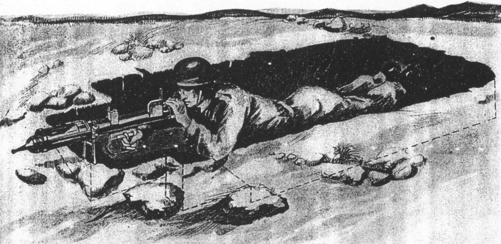 Strzelanie z miotacza przeciwpancernego PIAT, rysunek pochodzi z orginalnej instrikcji obsługi.